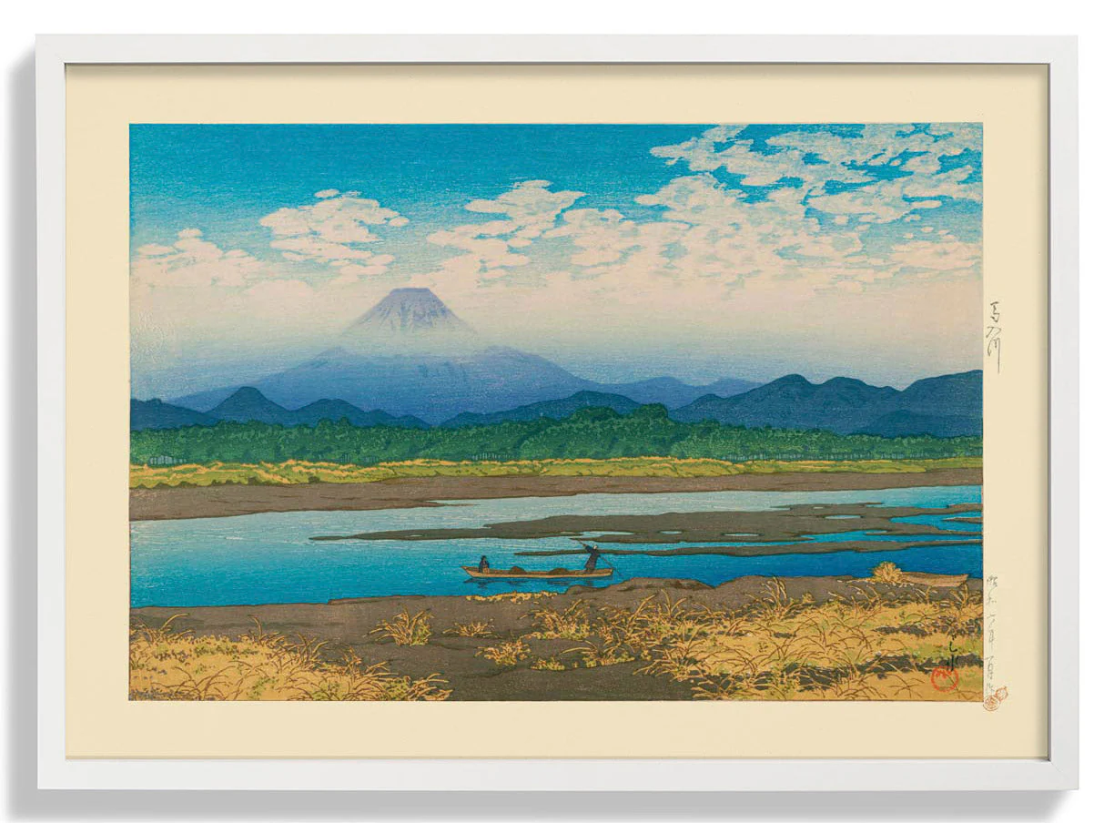 Mt Fuji vom Fluss Banyu aus gesehen Kunstdruck von Hasui