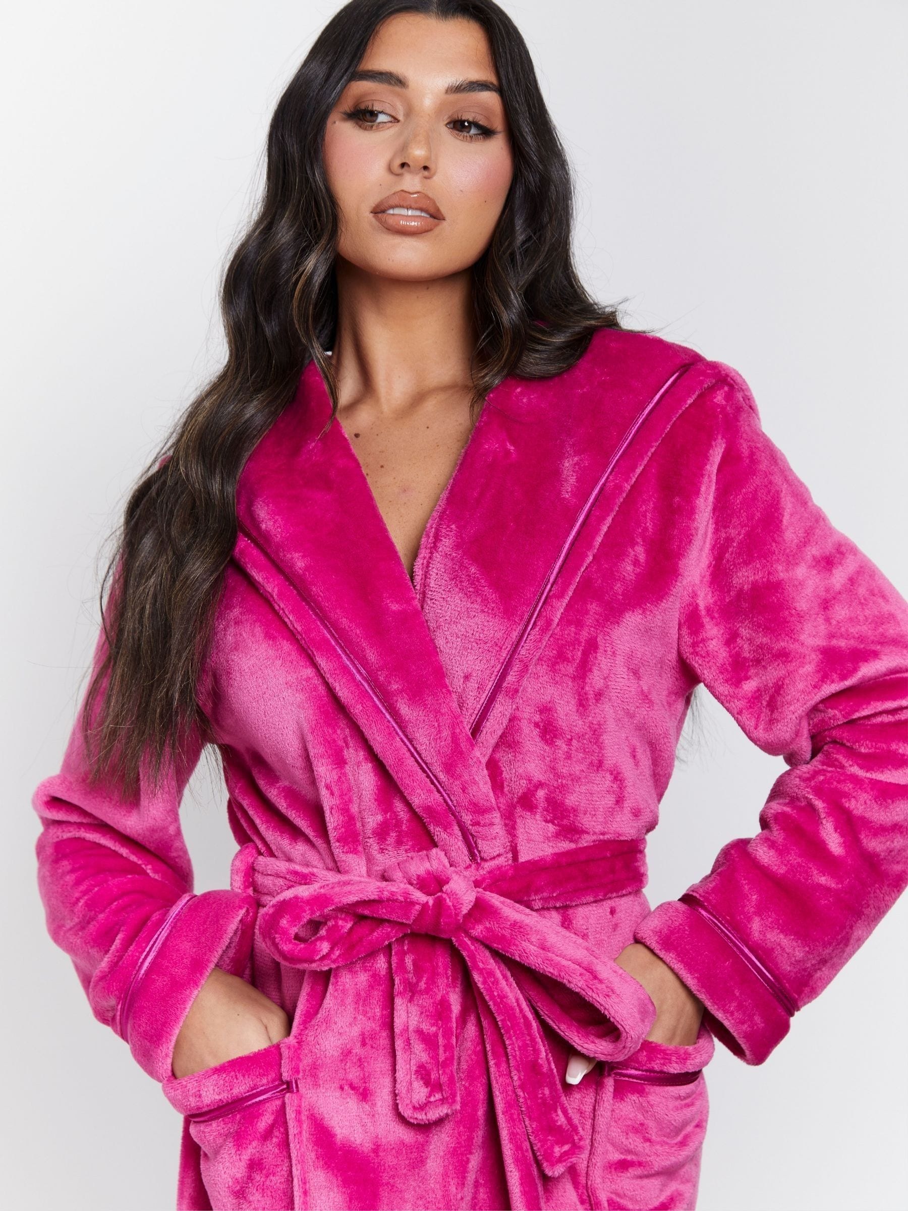 Roze - Loungeable Christmas Ribbon Trim Luxury Fleece Hooded Maxi Robe