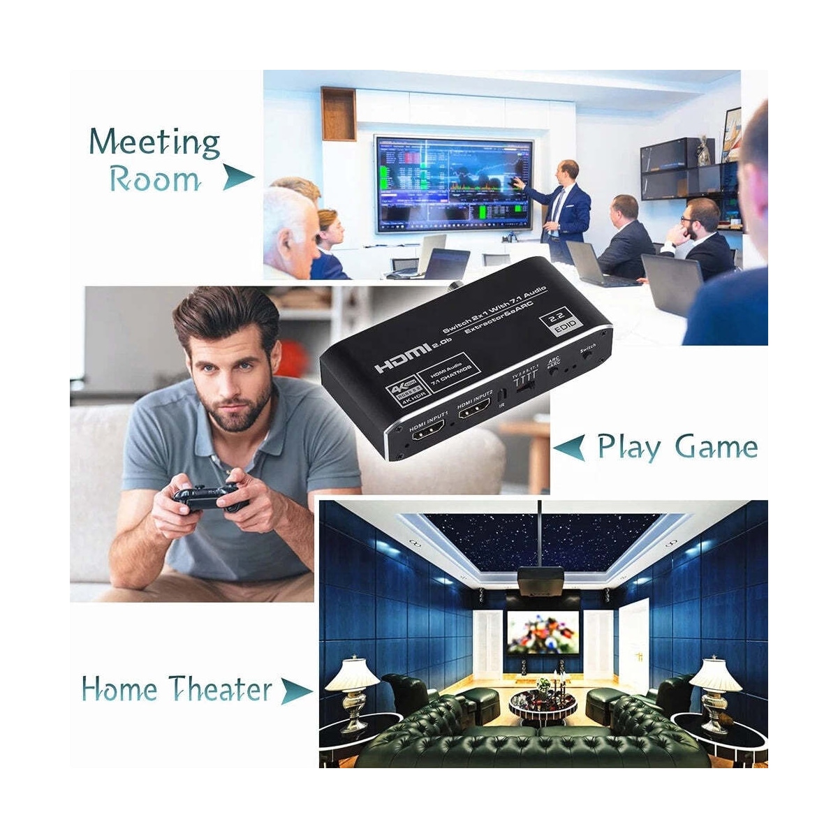 NÖRDIC 4K 60Hz HDMI-svitsj 2 til 1 med lyduttrekk Toslink HDR HDCP2:3 ARC/eARC 7.1-lyd