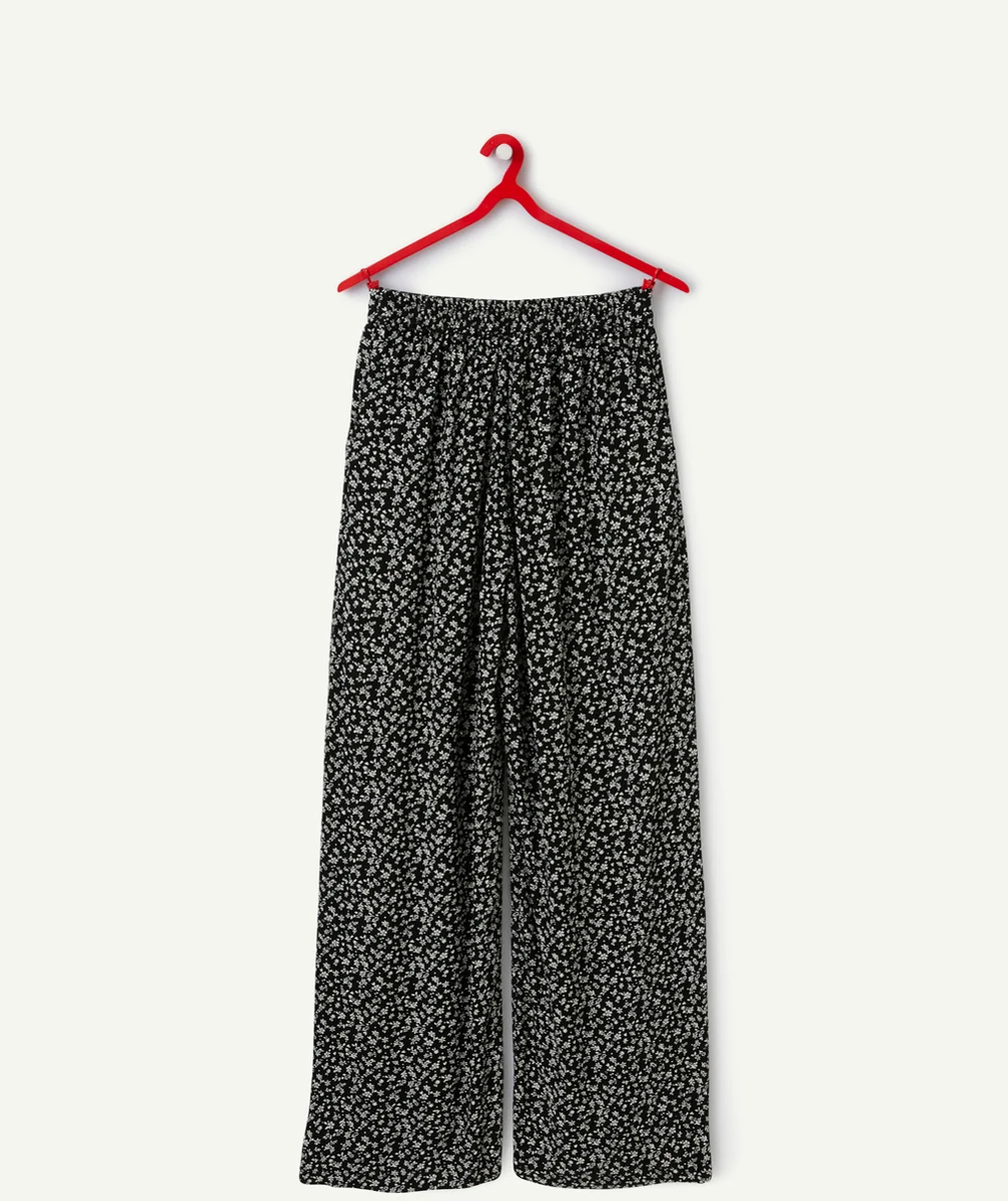 PANTALON LARGE FILLE EN VISCOSE RESPONSABLE NOIR AVEC IMPRIMÉ FLEURI
