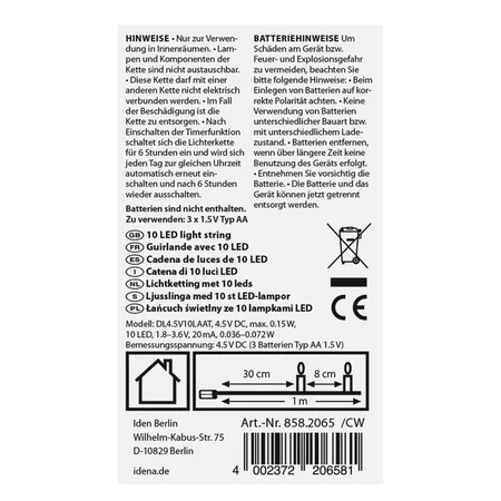 Idena 30er LED Lichterkette, warmweiß, für innen, batteriebetrieben, Timer