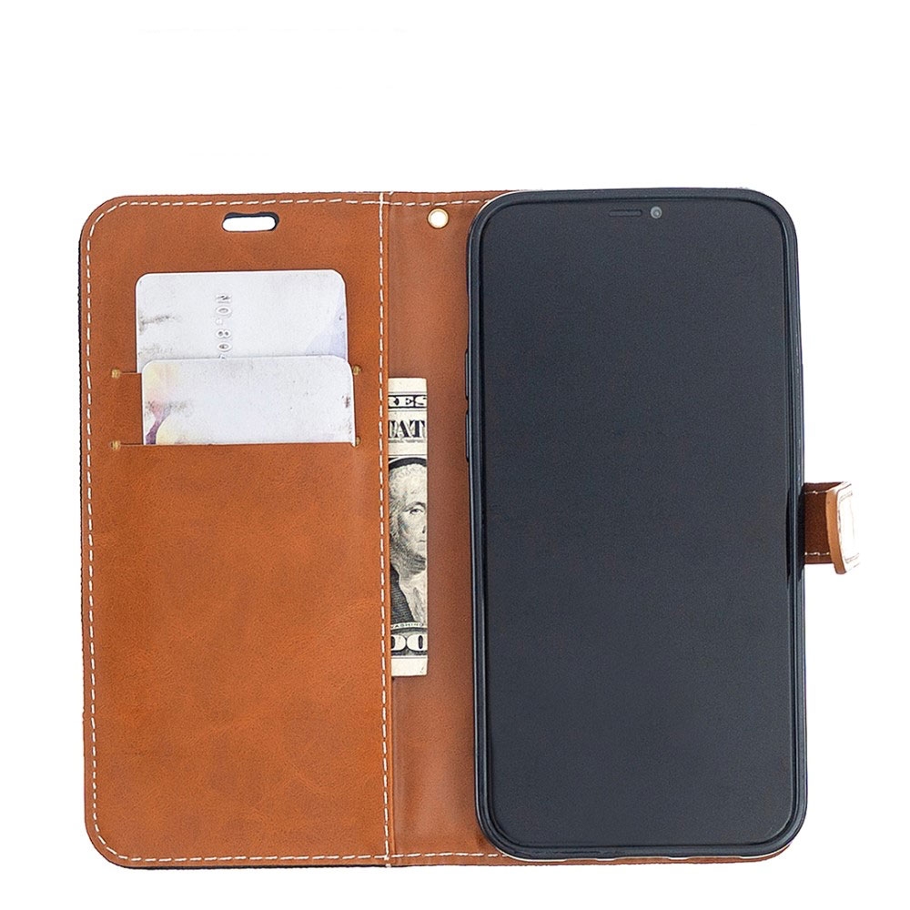 iPhone 12 / iPhone 12 Pro Stoff Tasche im Jeans Look mit Kartenfach   Magnetverschluss - Schwarz / Braun