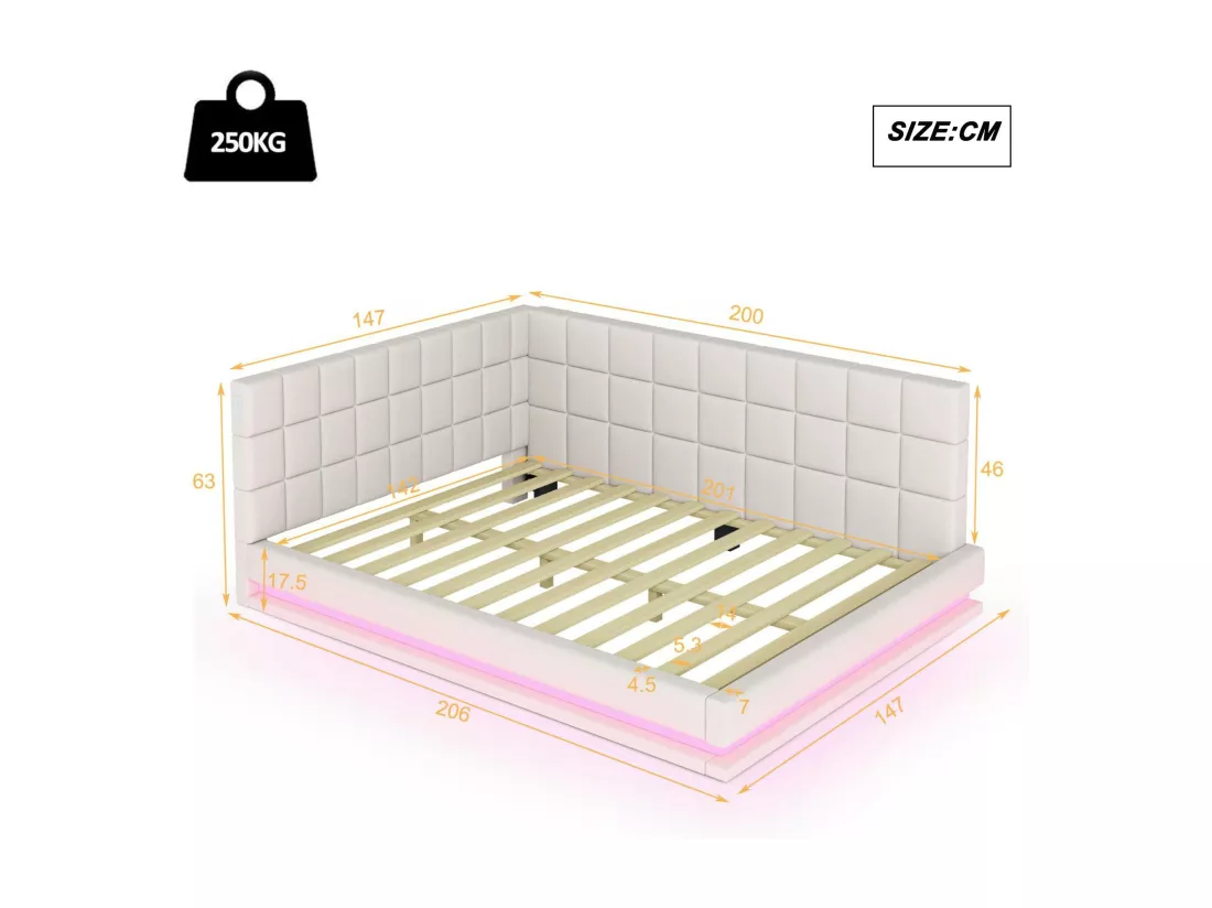 Lit banquette rembourré en velours 140x200cm - avec LED et prise USB - Beige