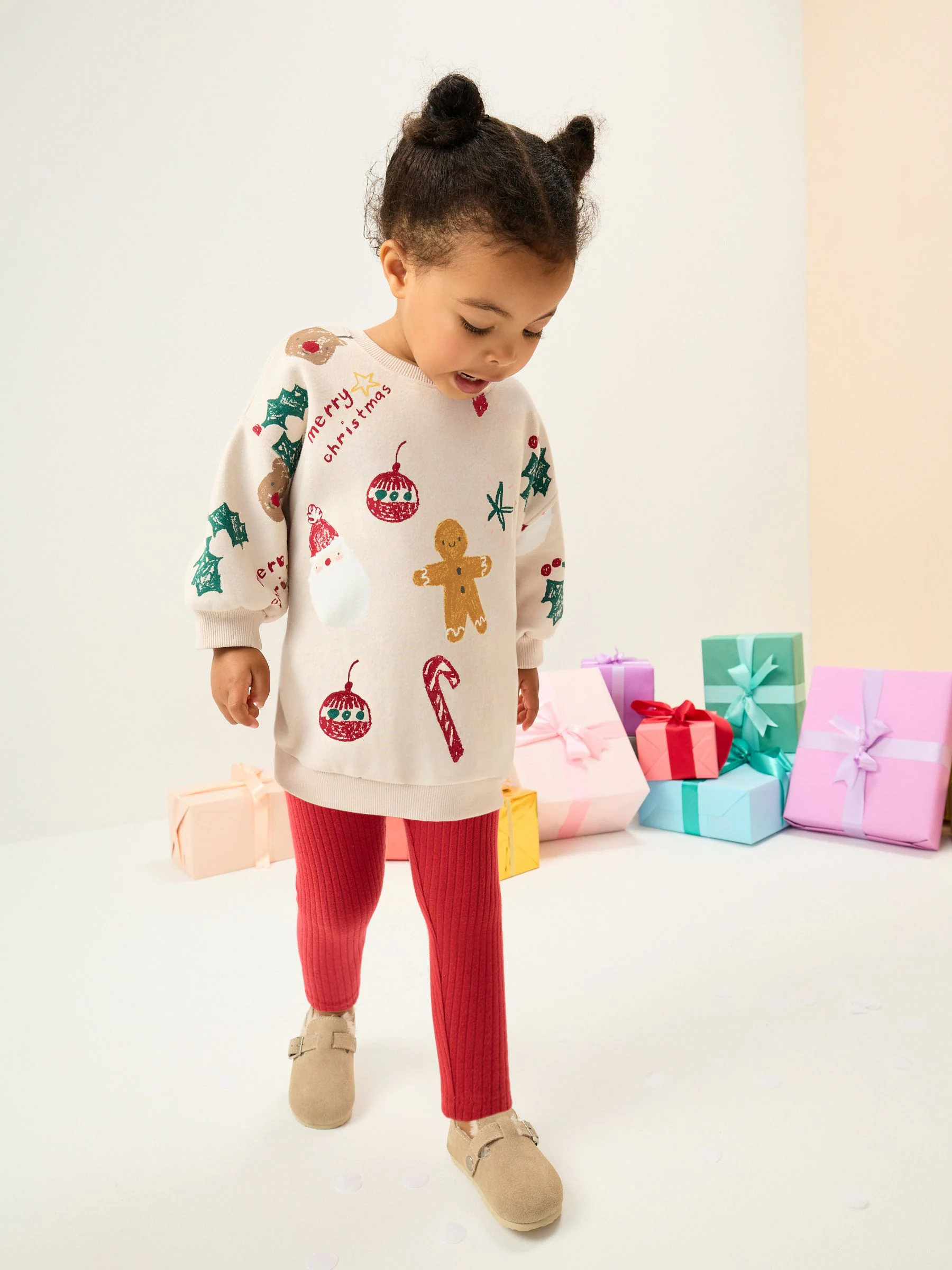 Beige/rode kerstprint - Set met sweatshirt en legging (3 mnd-7 jr)
