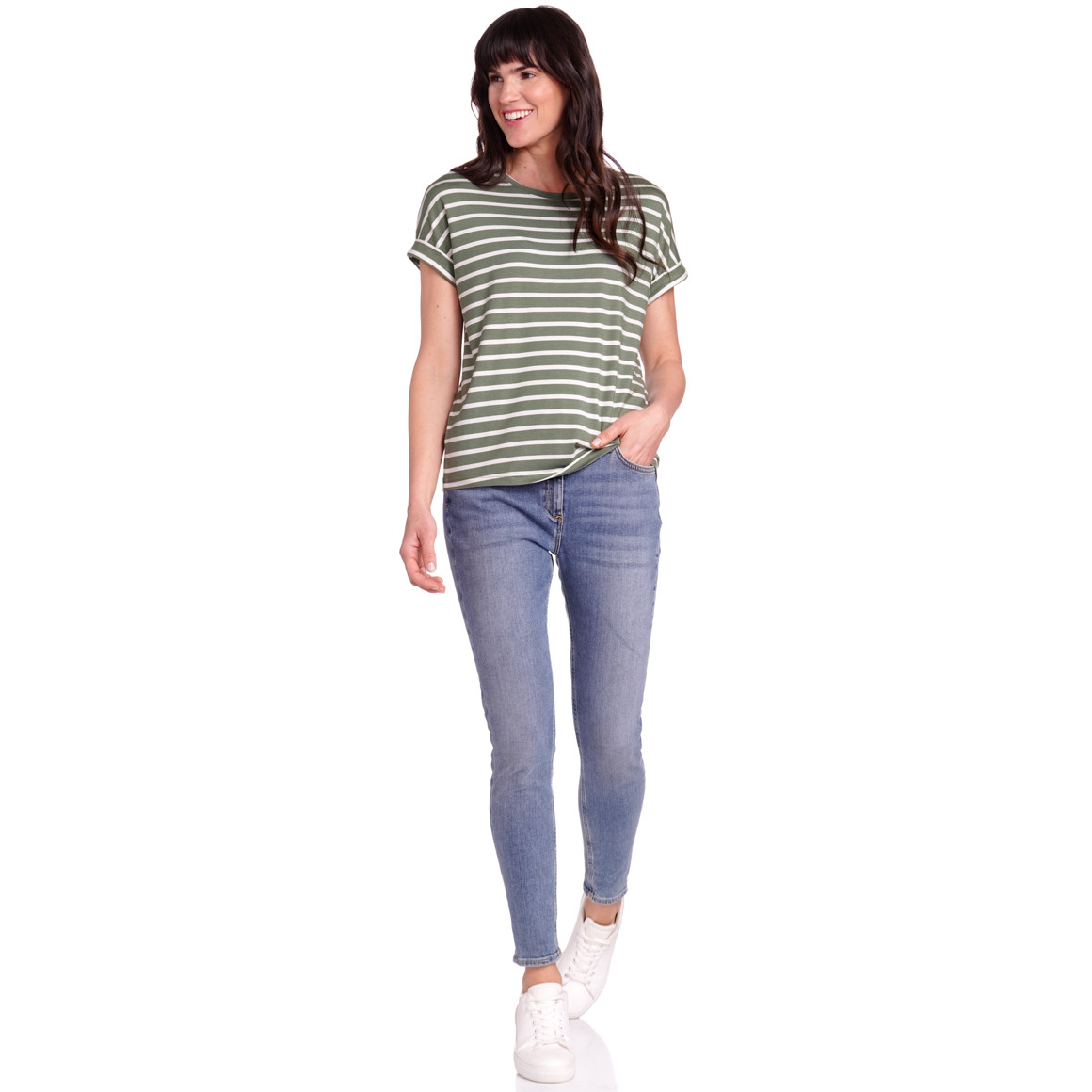 Gina Benotti Damen T-Shirt mit fixierten Turn-ups dunkelgrün / weiss