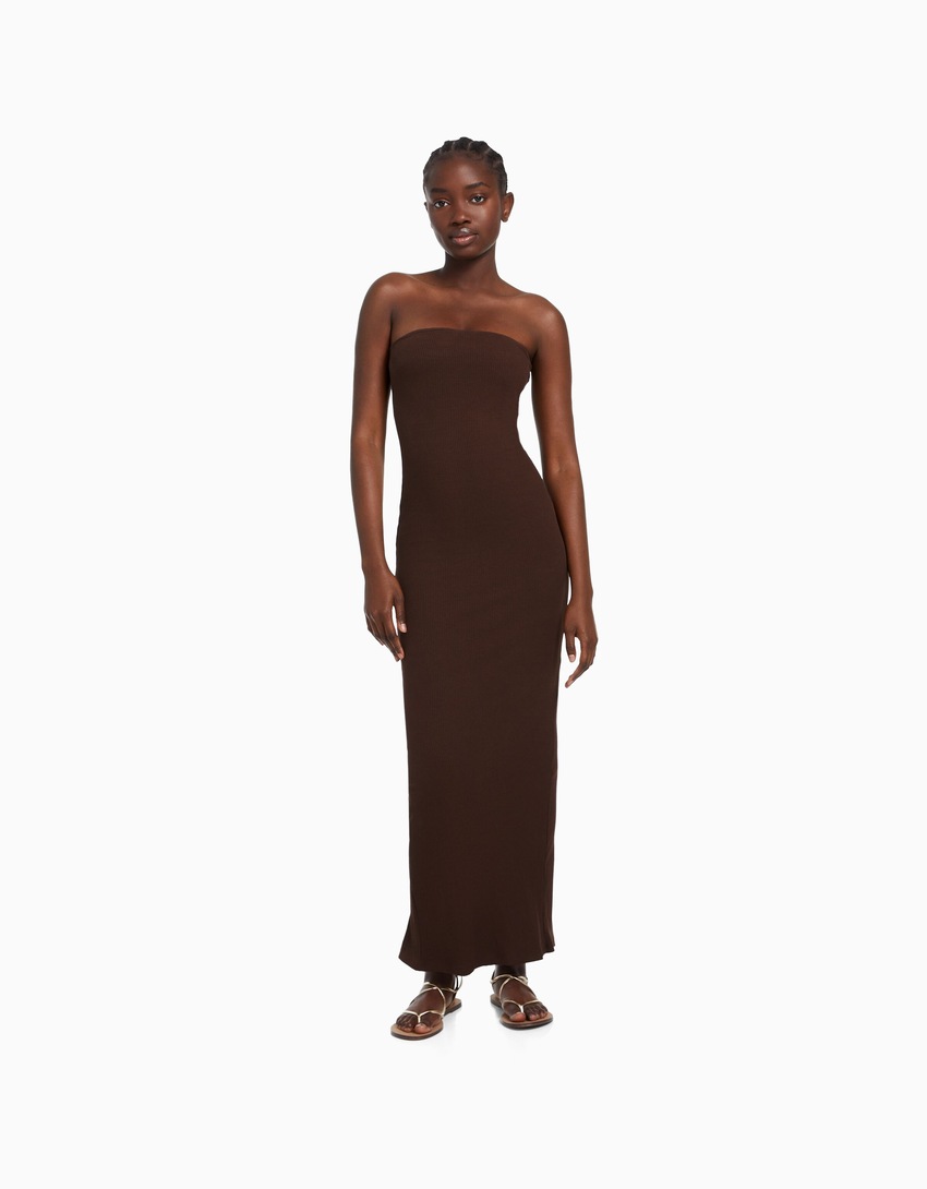 Vestido longo tomara que caia canelado