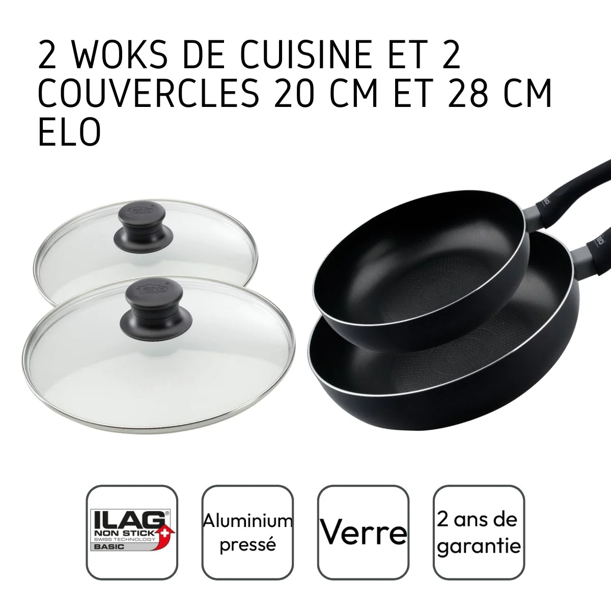 Ensemble de 2 woks de cuisine et 2 couvercles en verre 20 cm et 28 cm