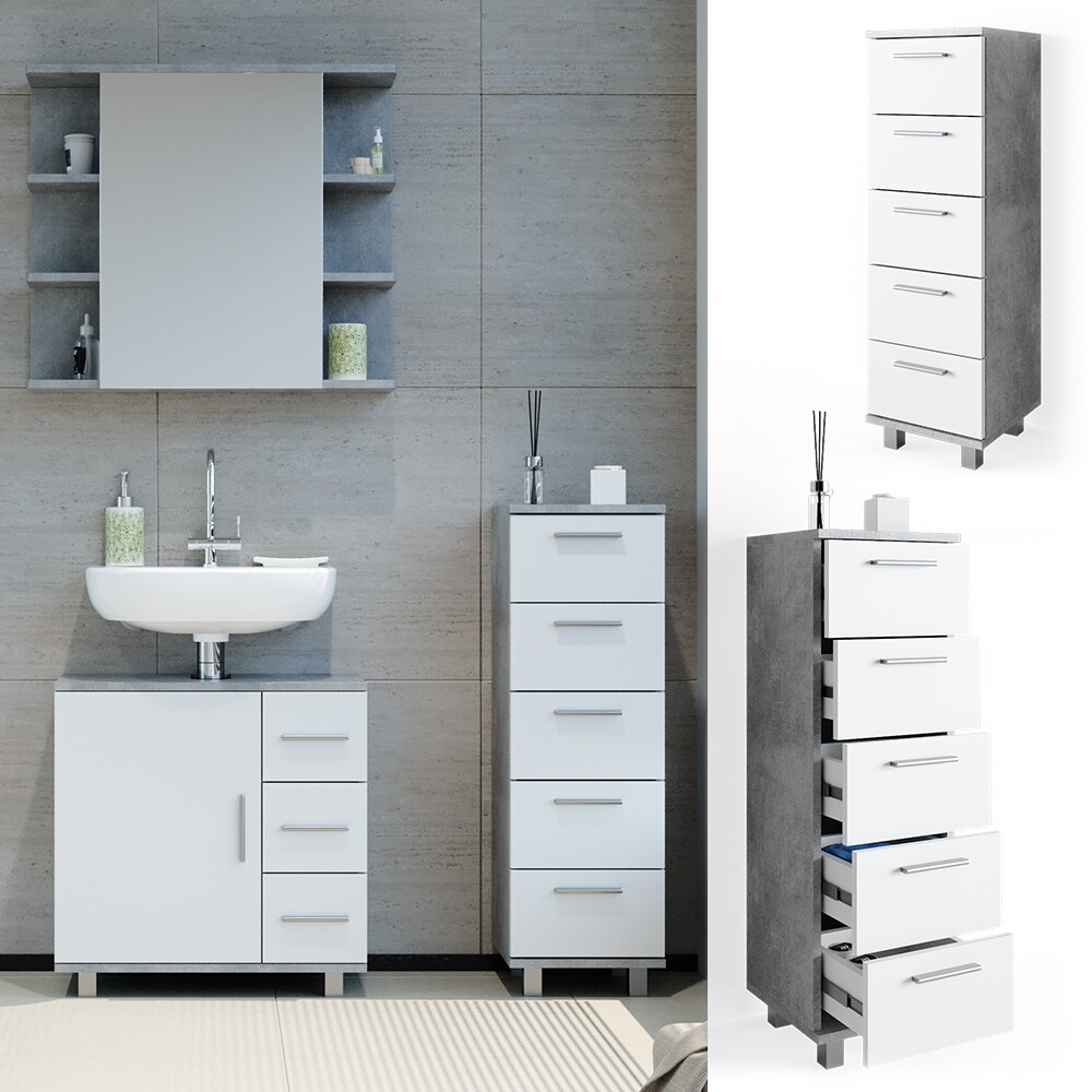 VICCO Badschrank ILIAS Weiß Beton Midischrank Bad Schrank Badregal Badezimmer
