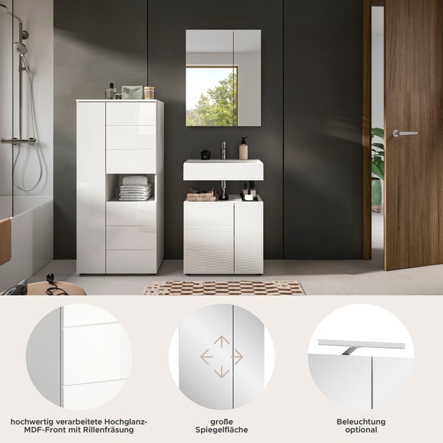 welltime Badmöbel-Set »Biel, Höhe 190 cm, Midischrank, Unterschrank, Spiegelschrank« 3 Stk. tlg.
