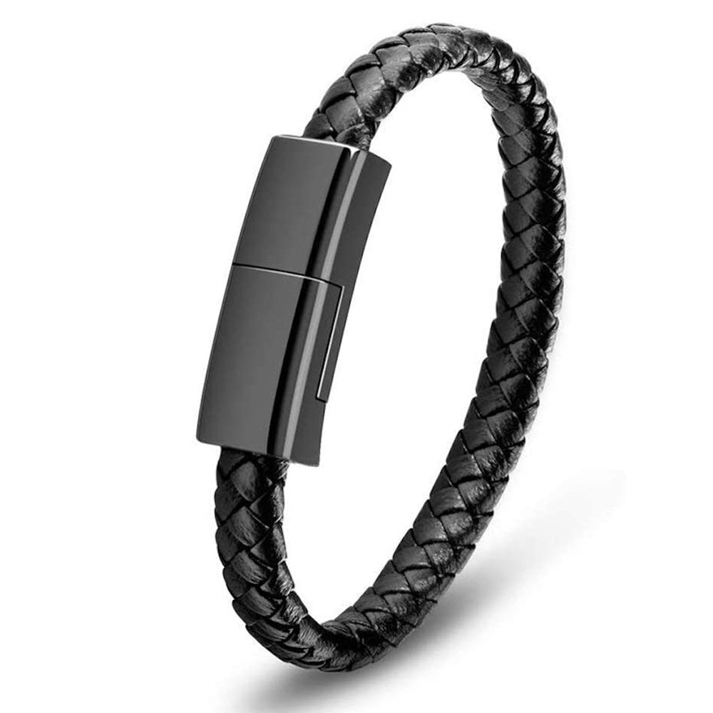 (18cm) 2.4A USB A auf Lightning Leder Ladekabel Armband Accessoire - Schwarz