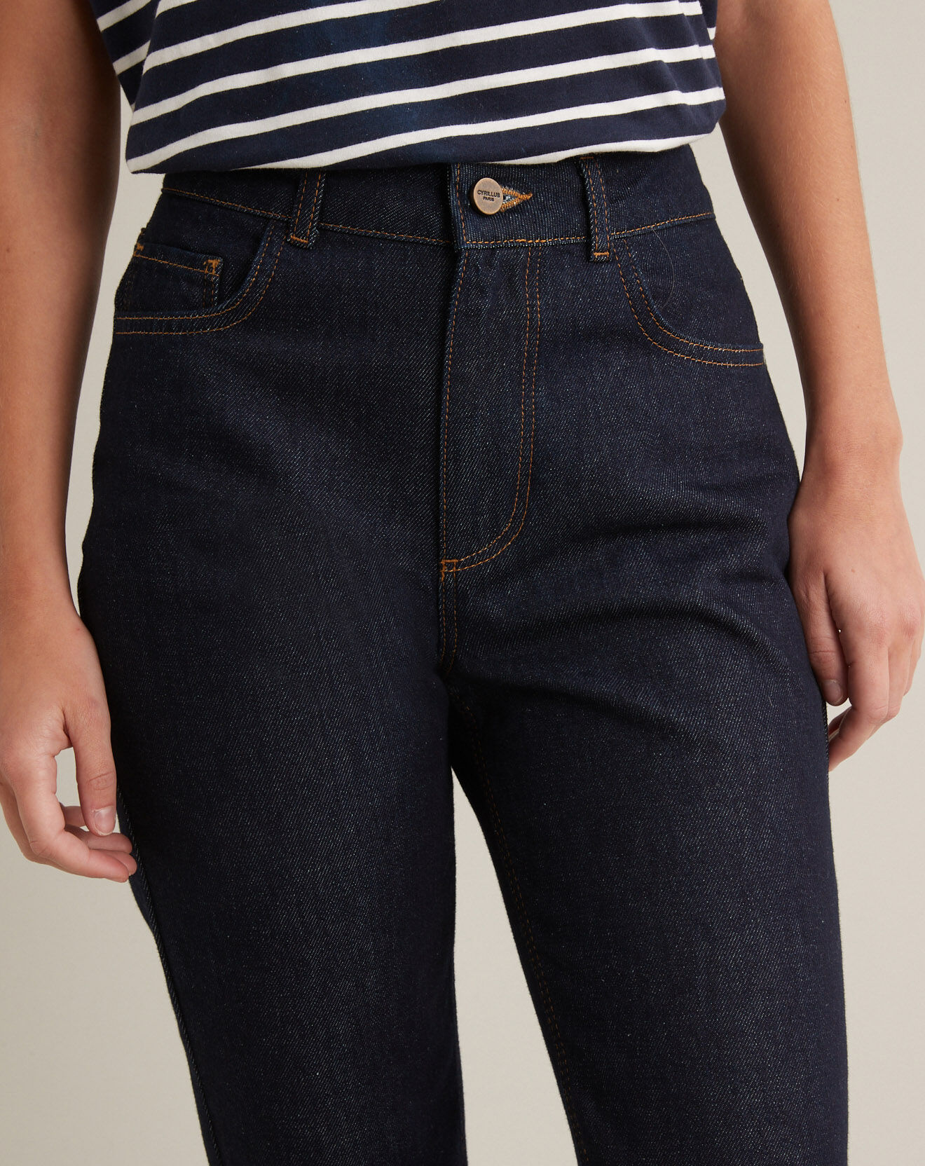 Cyrillus Jean cigarette 100% Coton Bio bleu foncé délavé
