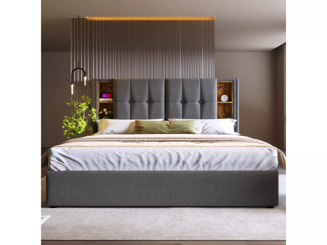 Lit coffre rembourré 180x200 cm - avec chargement sans fil et tête de rangement - tissu en coton - Gris