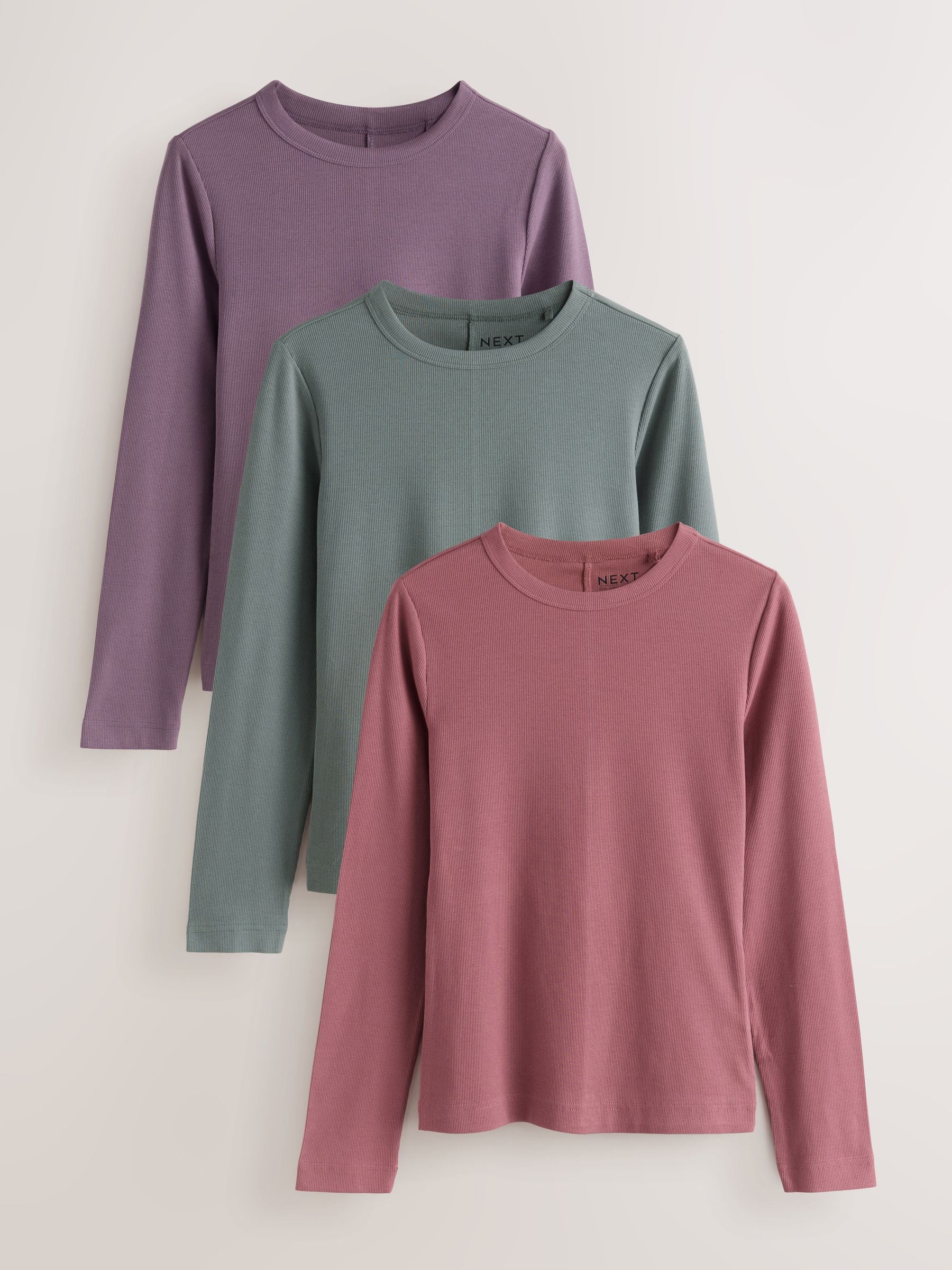 Purple/Teal/Pink - Long Sleeve Ribbed Crew Neck T-Shirts 3 Pack