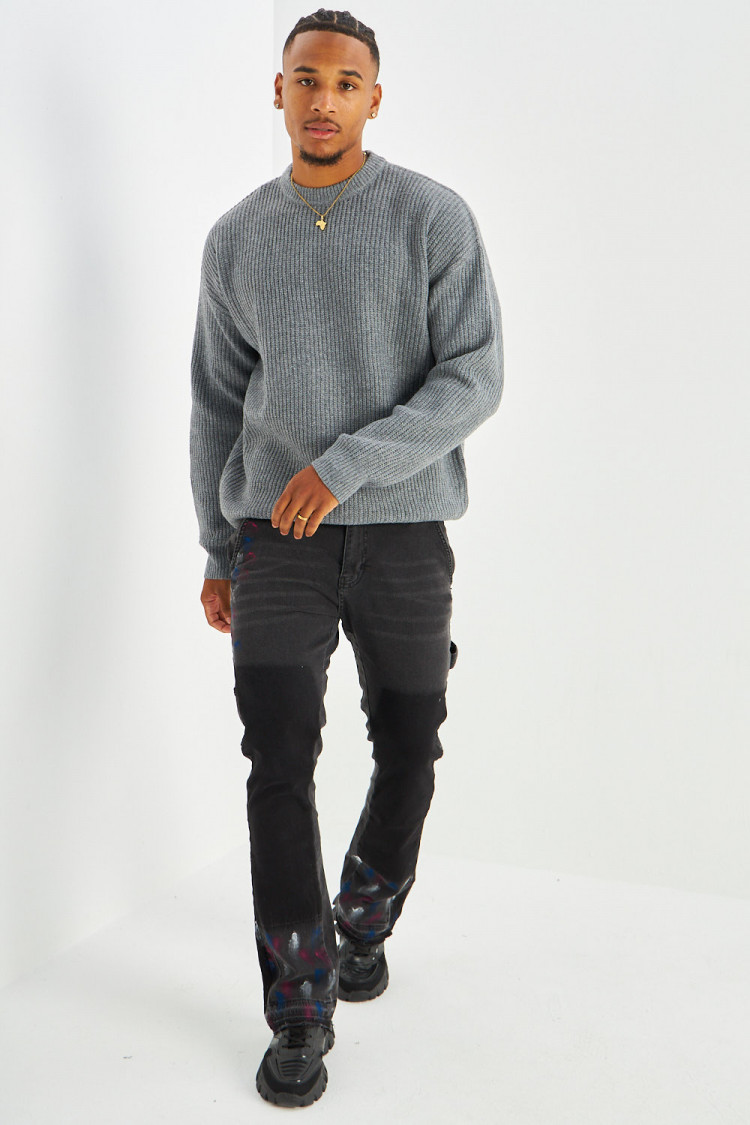 Pull gris en laine à col rond