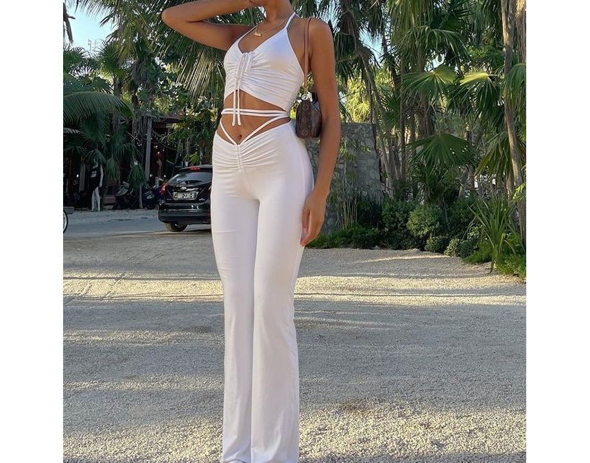 MOONGATE - Set: Cropped camisole top met trekkoord + wijde broek