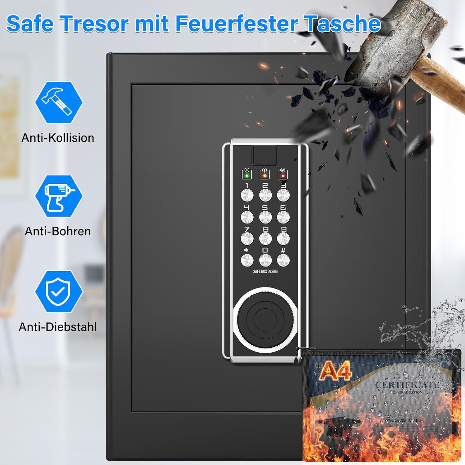 45L Großer Feuerfester Tresor Safe mit Feuersichere Dokumententasche, Digitaler Möbeltresore mit 2 Schlüssel & Herausnehmbarem Regal, Elektronischer Tresor für DIN A4 Ordner Bargeld Medikamente