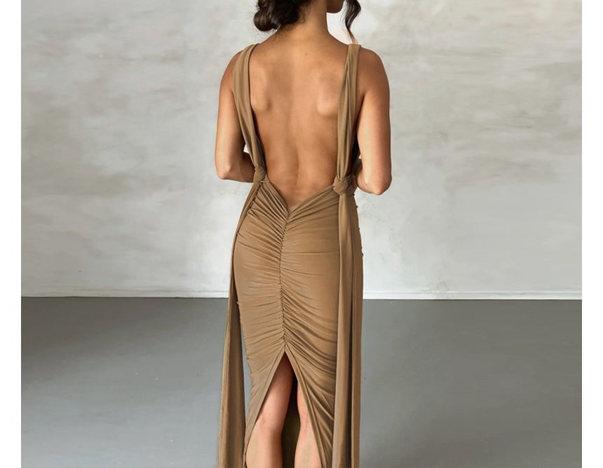 Sheparon - Strappy V-hals maxi bodyconjurk met open rug en split
