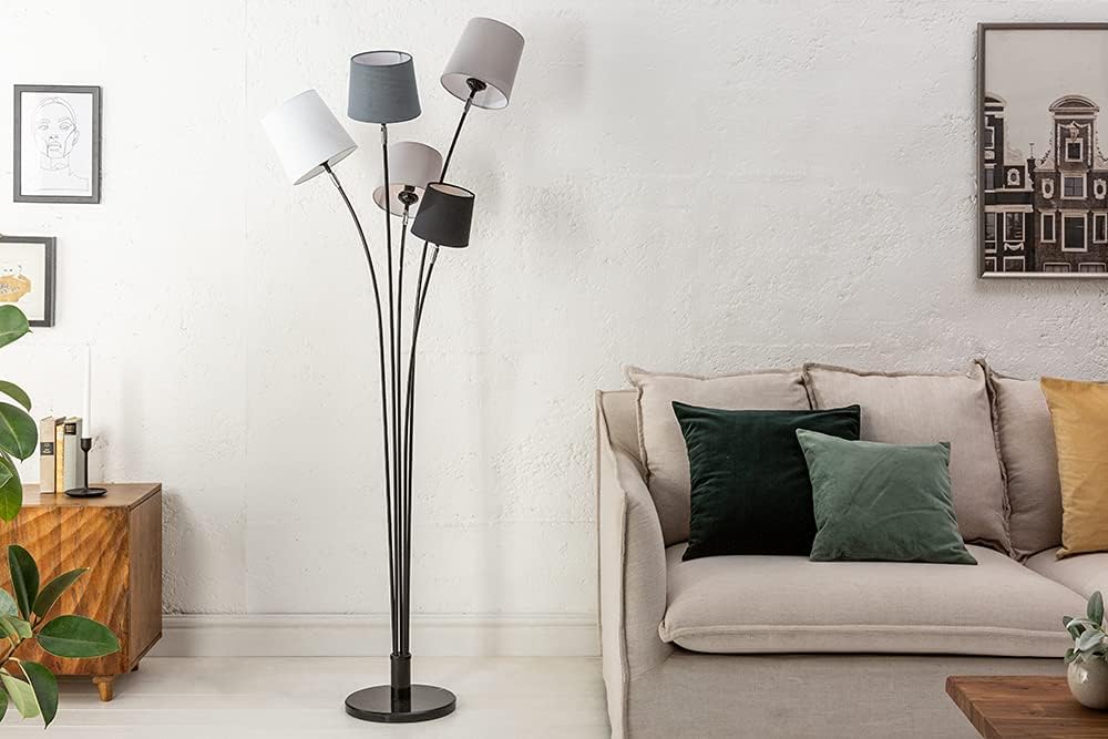 Riess Ambiente 5-flammige Stehlampe LEVELS 176cm schwarz grau E14 mit 5 Stoffschirmen aus Leinen Stehleuchte Wohnzimmerlampe Deckenfluter