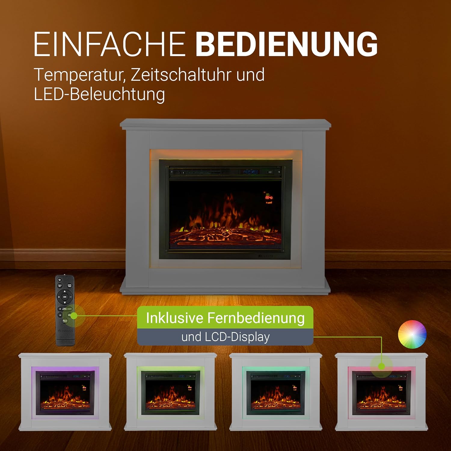Juskys Elektrokamin 1000/2000 W mit Heizung, Kaminfeuer, Flammeneffekt, Fernbedienung, LED Beleuchtung & Timer - Elektrischer Kamin Standkamin weiß
