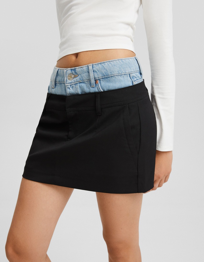 Saia de alfaiataria com cintura em jeans contrastante