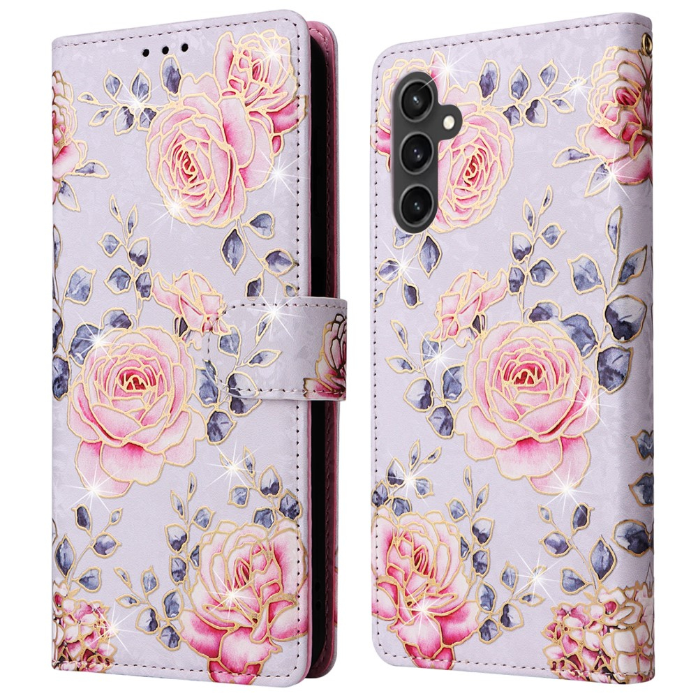 Samsung Galaxy S23 FE Leder Tasche mit Kartenfächer - Glitzer Pfingstrosen