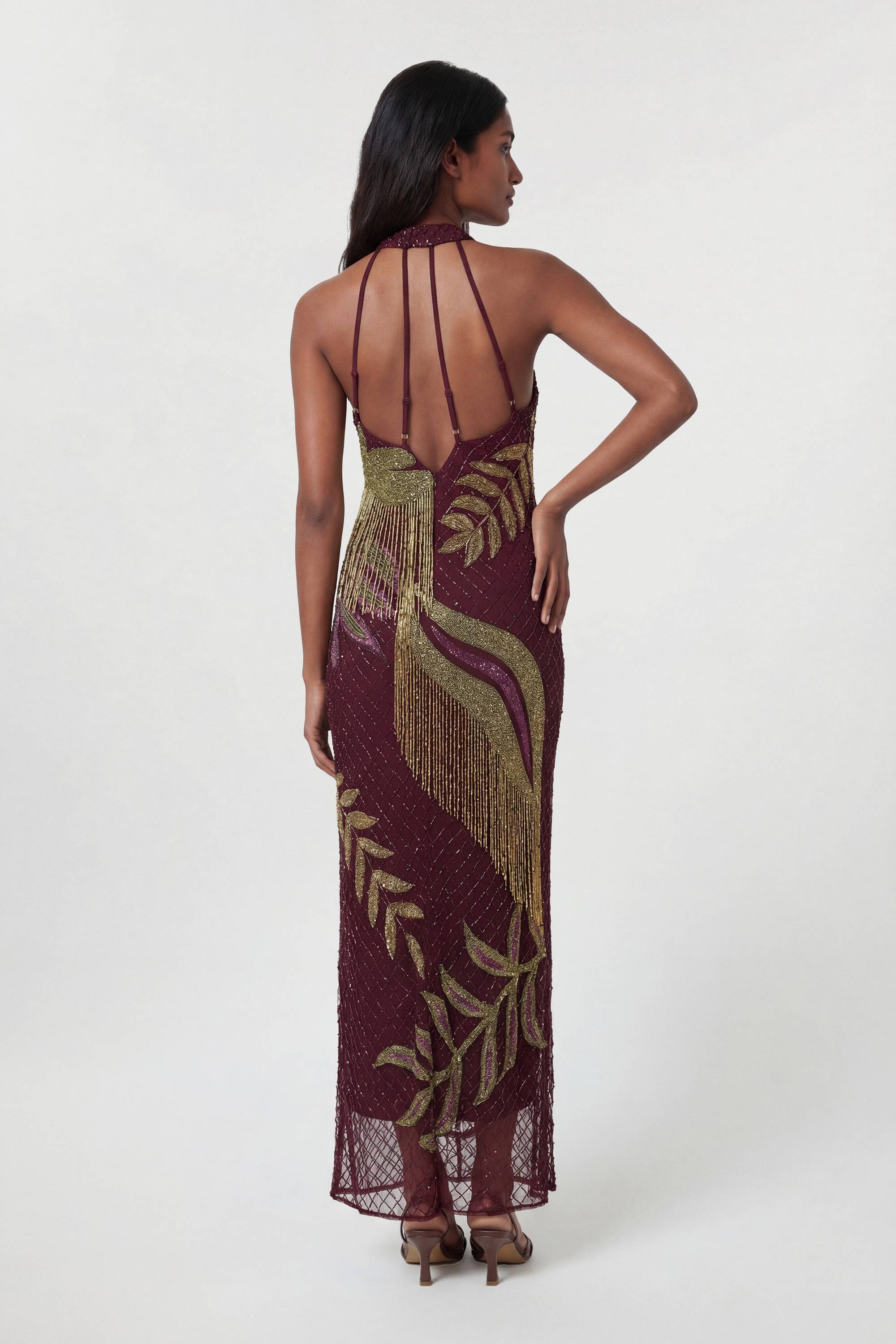 KarenMillen Robe Longue Dos Nu À Bretelles Avec Perles Motif Tropical Petite