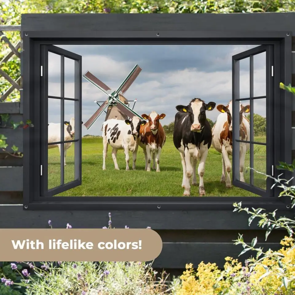 MuchoWow Tuinposter 180x120cm Doorkijk Koe Molen Koeien