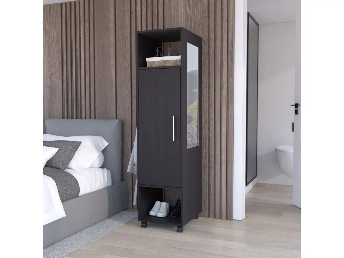 Armoire en mélamine Kronospan avec une porte, deux étagères, tringle à vêtements et miroir inclus, 160 cm X 40 cm X 40 cm X 48 cm, Noir