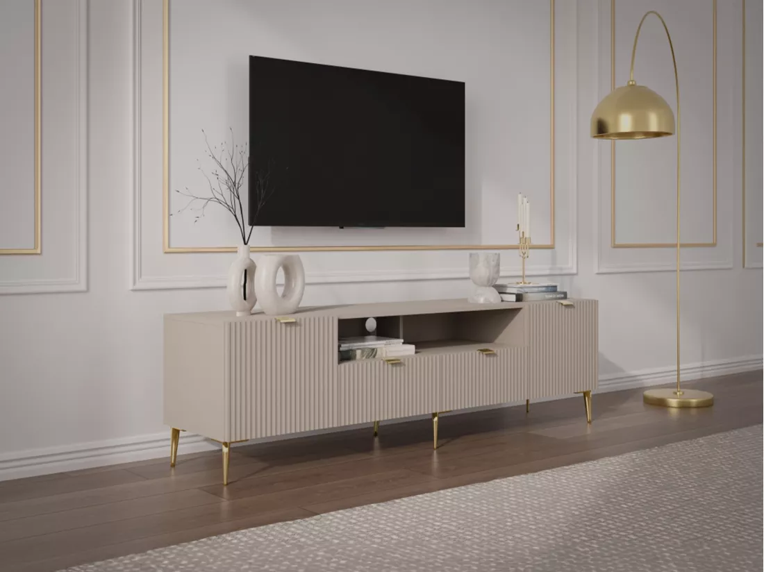 Meuble TV avec 2 portes, 2 tiroirs et 2 niches en MDF et acier - Beige et Doré - YESINIA