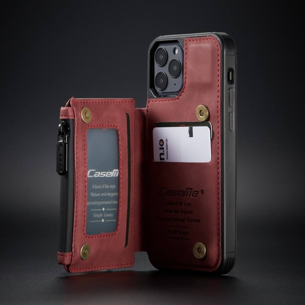 iPhone 12 / iPhone 12 Pro Leder Schutzhülle mit Münzbeutel   3 Kartenfächern - Rot