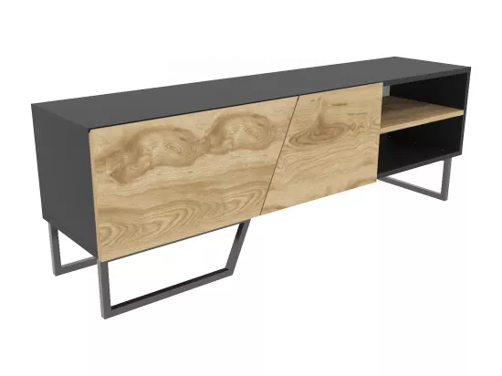 Meuble TV Denasse 150 cm, pied en métal, placards et étagères (Noir et Oud)