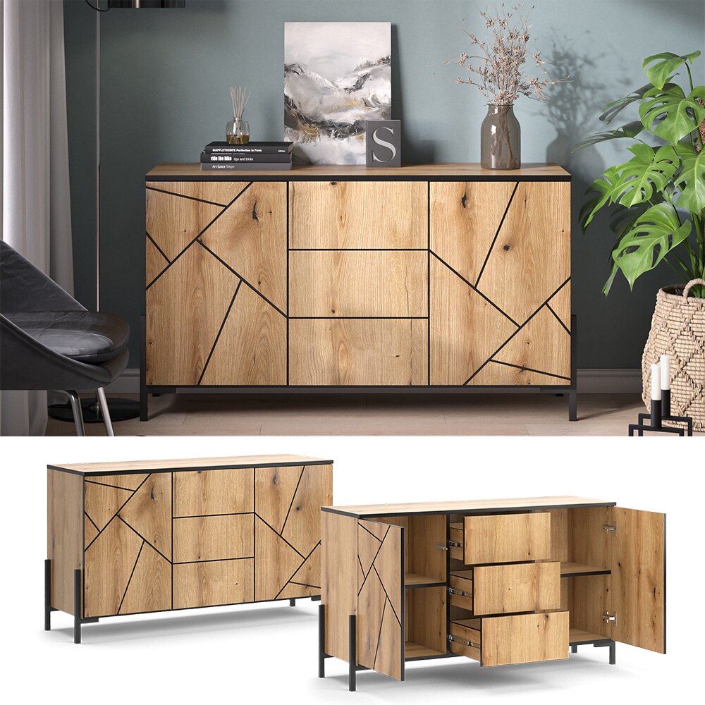 Vicco Sideboard Hatto, Eiche Evoke, 124 x 96,9 cm, mit 2 Türen, Wohnzimmer, Schlafzimmer