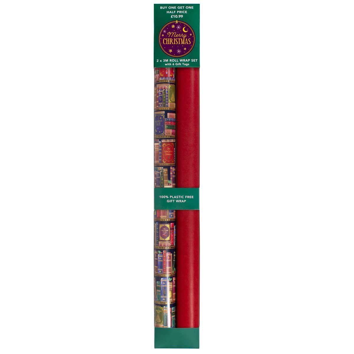 Christmas Bookcase Rollwrap Pack X2 3M Rollwraps & 6 Gift Tags