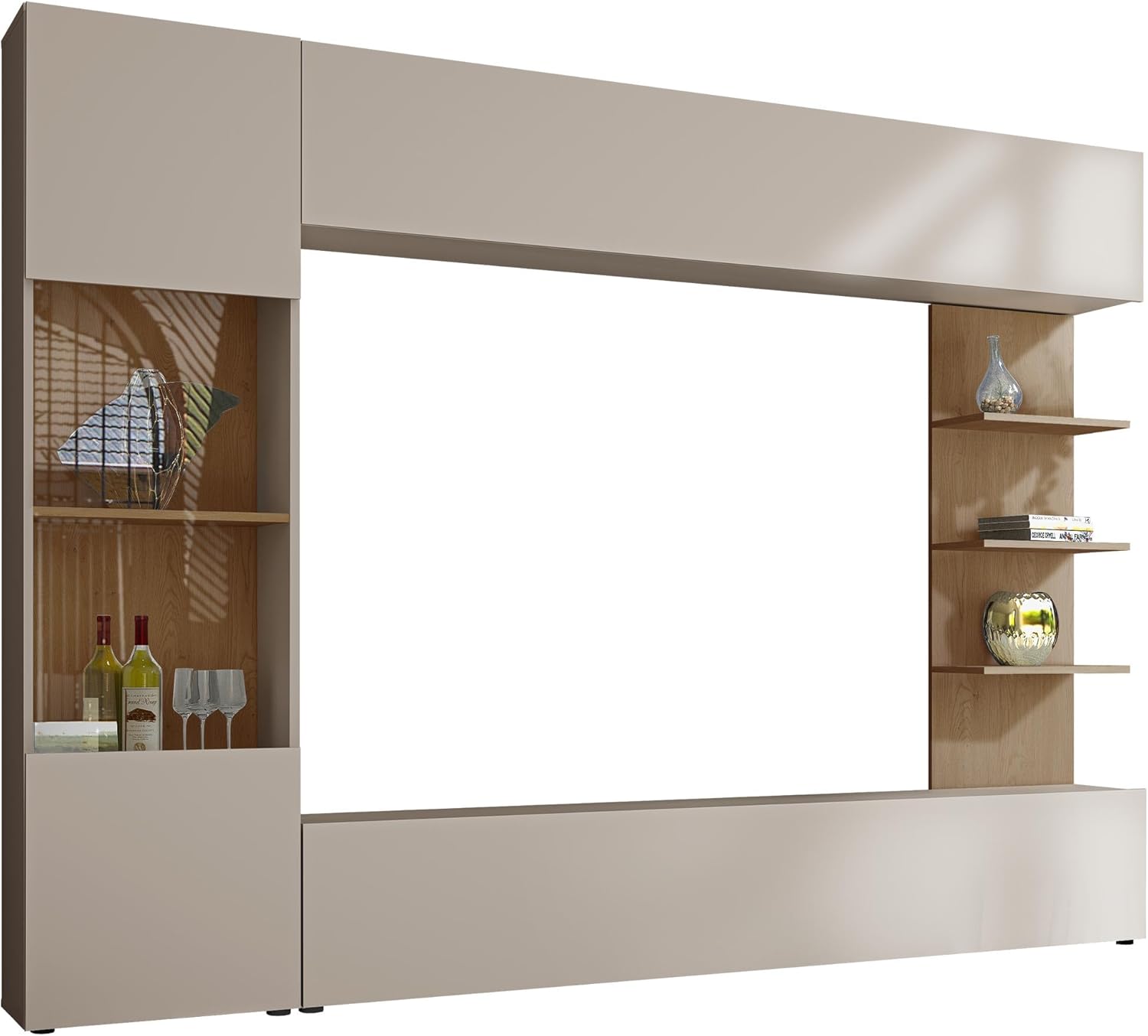 Mirjan24 Wohnwand Lazando, Anbauwand, Mediawand, Schrankwand bestehend aus Hängeschrank, Vitrine, TV-Lowboard und Wandregal (Cashmere/Cremona Eiche)