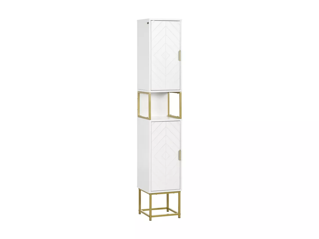 Meuble colonne rangement salle de bain design - 2 portes, 2 étagères, niche - acier doré MDF blanc