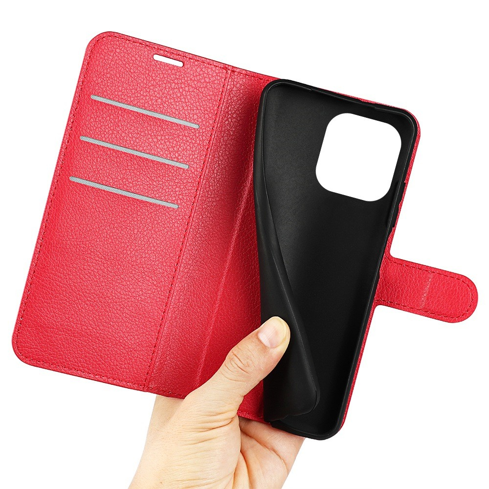 iPhone 14 Pro Leder Tasche Flip Cover Litchi Look - Rot