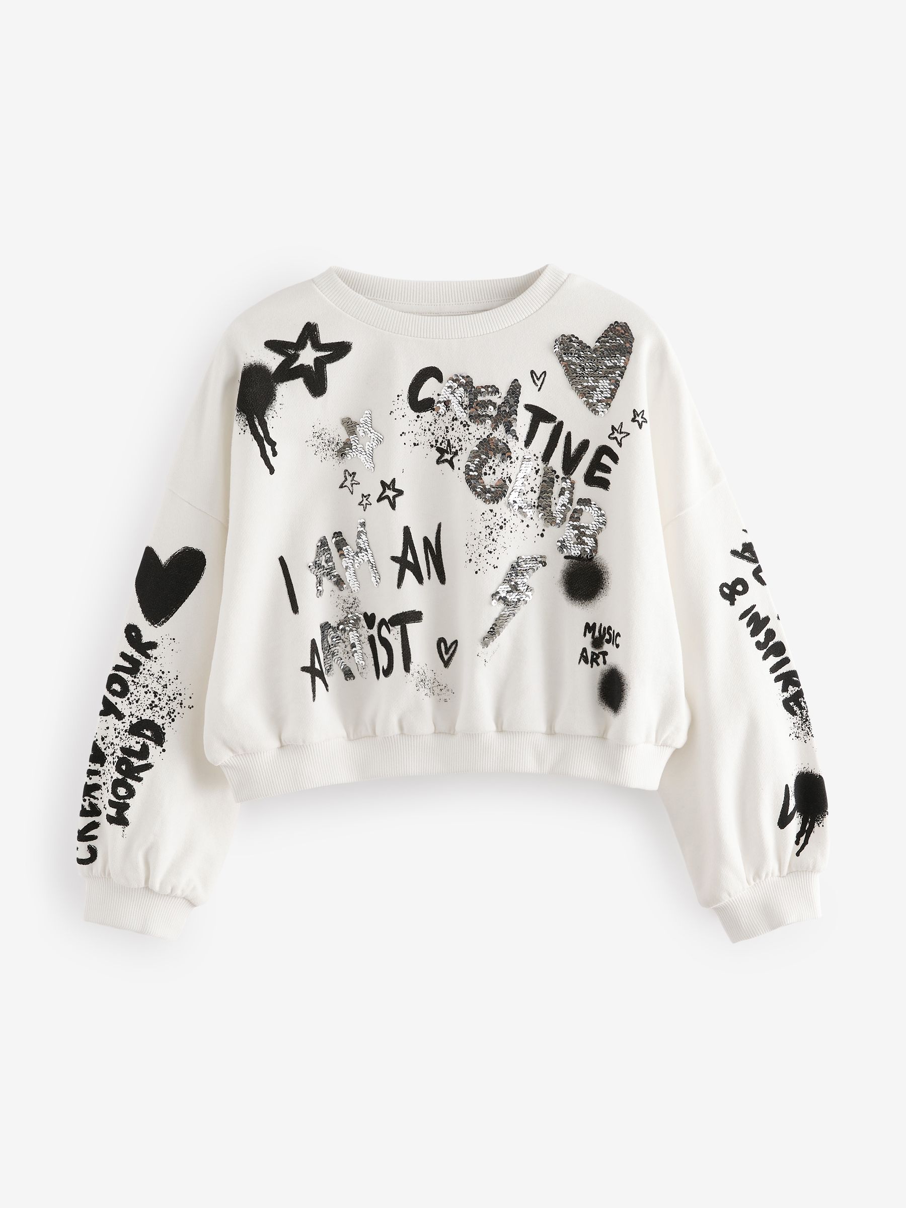 Ecru - Pailletten graffiti 100% katoenen Sweatshirt (3-16jr)