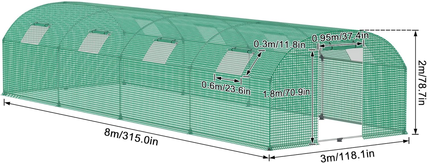 24㎡ Frostschutz Gartengewächshäuser aus Stahl Rahmen 3x8x2m HDPE Foliengewächshaus mit 8 Insektenschutzgitter Fenster & Tür Begehbares Gewächshaus Garten Überwinterungszelt für Pflanzen