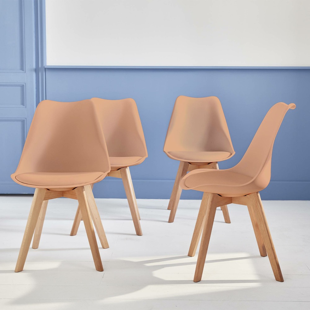 Lot de 4 chaises scandinaves. Pieds bois de hêtre. Chaises 1 place. Vieux rose