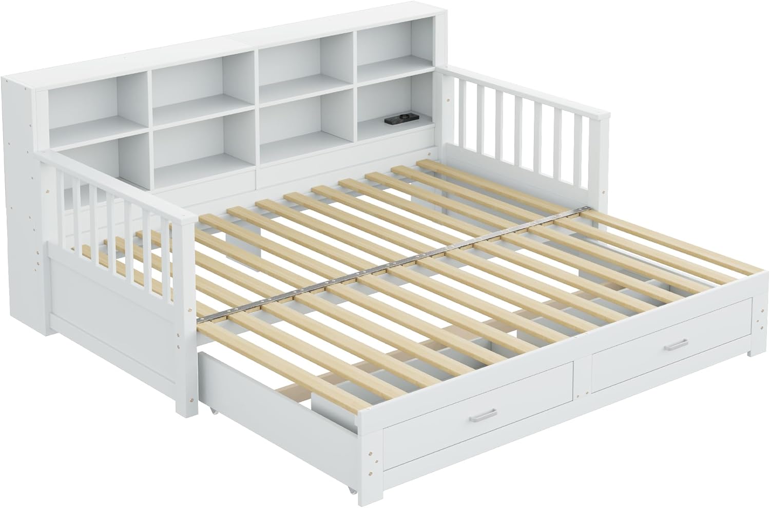 Ausziehbares Massivholz-Schlafsofa 90/180x190 cm, Kinderbett Tagesbett mit 2 Schubladen, Ladesteckdose und Stauschrank, Holzbett Daybett Jugendbett Funktionsbett mit Lattenrost, Ohne Matratze, Weiß