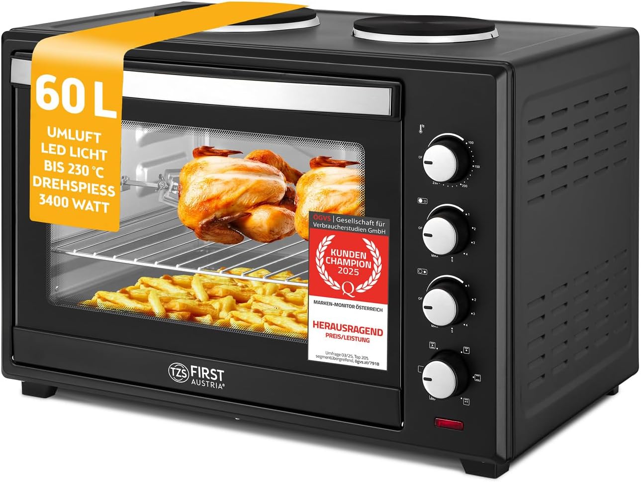 TZS First Austria - Minibackofen mit Kochplatten 60L 3200 W - Mini Backofen Pizzaofen mit Herdplatten bis 230°C & 6 Heizmodi - Miniofen Kombigerät mit 4 Einschubhöhen & hochwertigem Zubehör