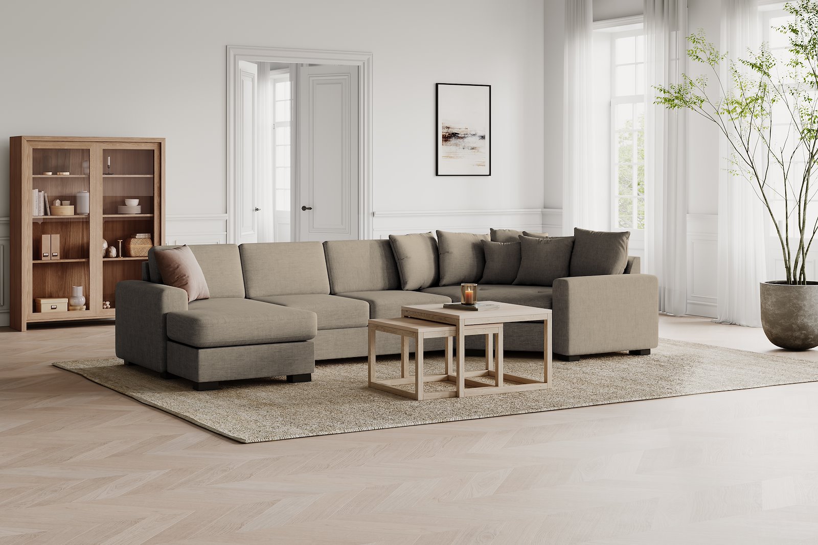 Modern Living U-sofa Sjeselong venstre med 2-seter og cosy corner høyre.Tekstil Brooklyn 9 Cappuccino med Arm A og ben 2 sortbeiset eik.