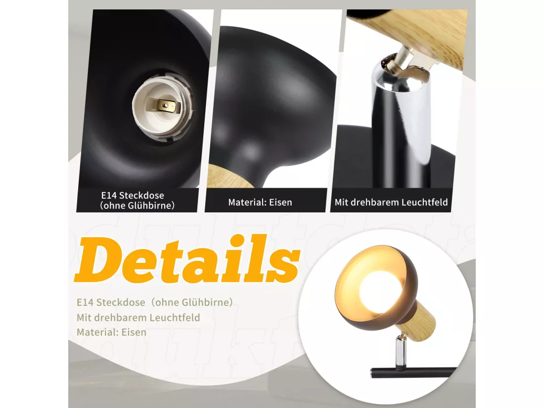 NETTLIFE Spot de plafond vintage E14 intérieur 350° orientable noir Pivotant 350° Industriel 4 flammes rond