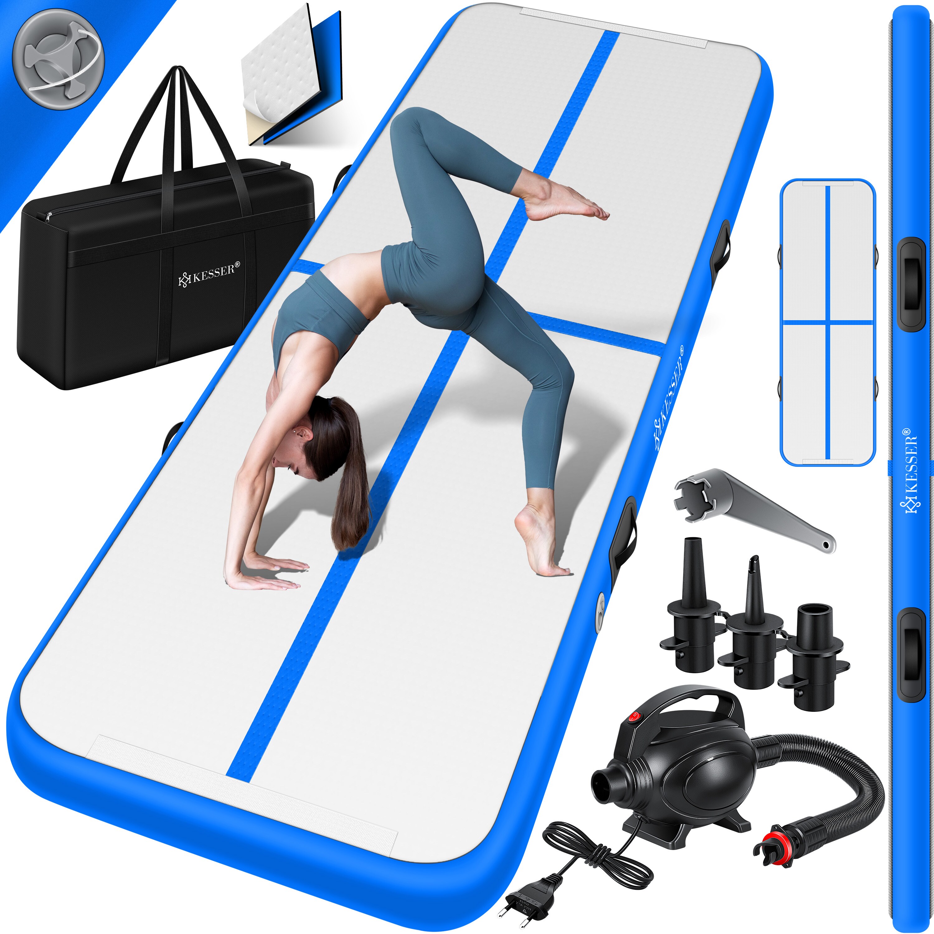 KESSER® Turnmatte Aufblasbar Airtrack Fitness-Matte Gymnastikmatte 3/4/5/6m | inkl. Tragetasche & elektr. Luftpumpe | Yogamatte, Tumbling Matten , Trainingsmatte Sportmatte Yoga, Turn- & Fitness