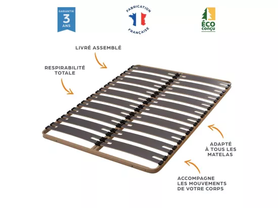 Sommier à lattes + pieds 2x80x200 C310 - 22 lates bois - Fabrication française