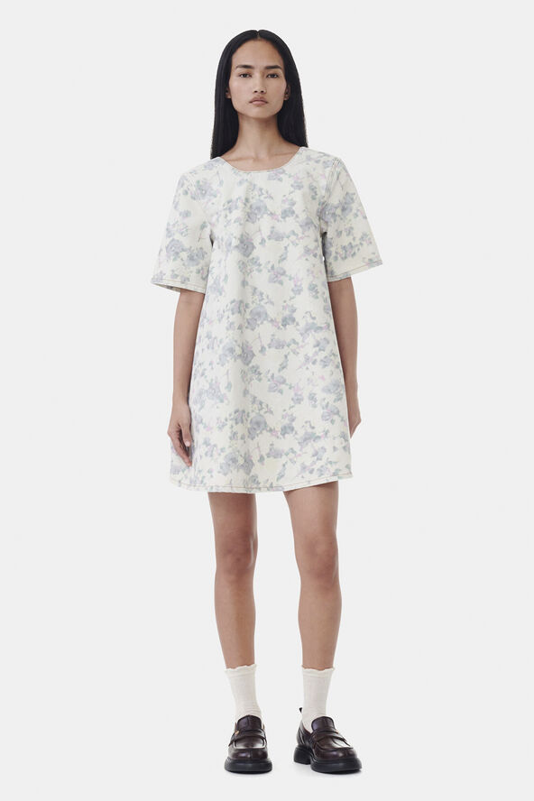 Ganni Print Denim Open Back Mini Dress Tofu