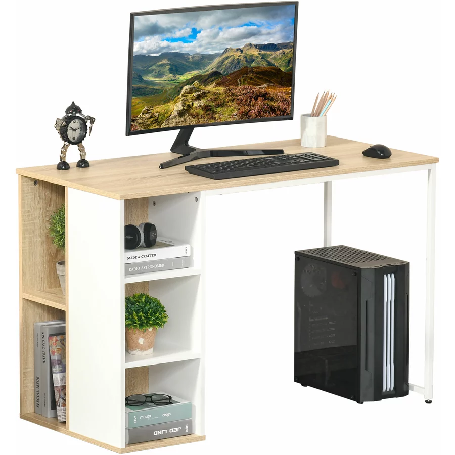 HOMCOM Schreibtisch Tisch mit Bücherregal eiche, weiß