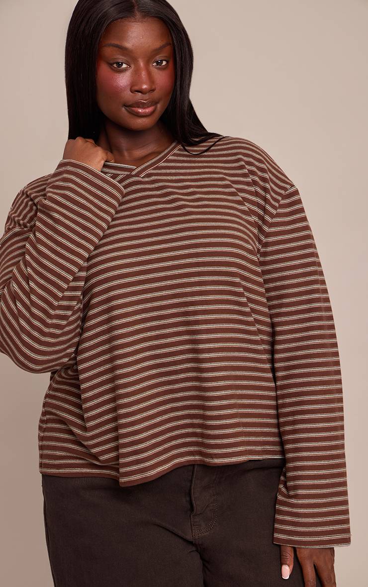 Chocolat Sweat-shirt Grande Taille En Polaire Douce À Rayures Avec Encolure En V Ensemble Coordonné