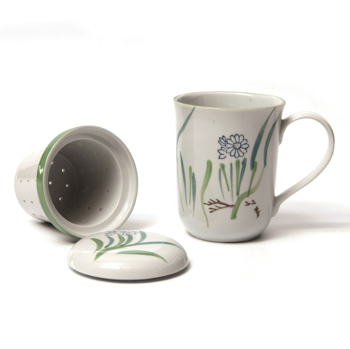 Teetasse 'Blossom' mit Teesieb, weiß/grün, H 13,5 cm, Ø 8,5 cm zu 12,80