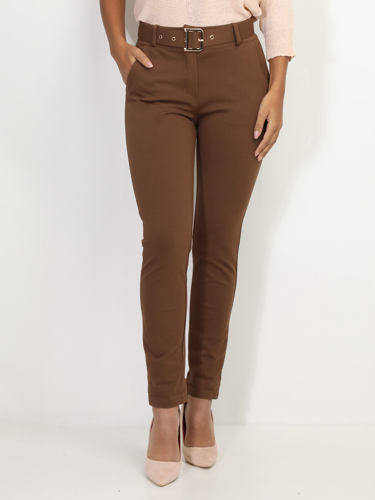 Pantalon classique à ceinture- Marron